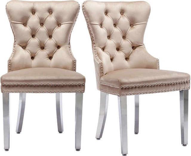 Merax Esszimmerstuhl 2er Set in Beige aus Samt mit Metallbeinen - Bild 1