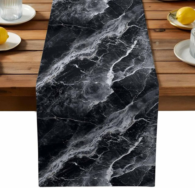 Waschbarer Leinen Tischläufer von JMG Household Supplies mit abstraktem Marmormuster in Grau und Schwarz, B/H: 150 x 33 cm - Bild 1