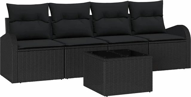 vidaXL Garten-Sofa-Set 5-teilig in Schwarz aus Poly-Rattan, Stahl und Glas mit UV-beständigen Polstern für Terrasse und Garten - Bild 1