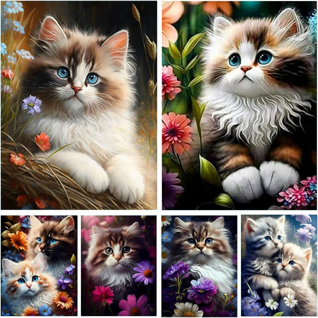 Potdemiel DIY Diamantmalerei Set mit floraler Katzen-Stickerei und bunten Vollrunden Diamanten zur Handarbeit - Bild 1