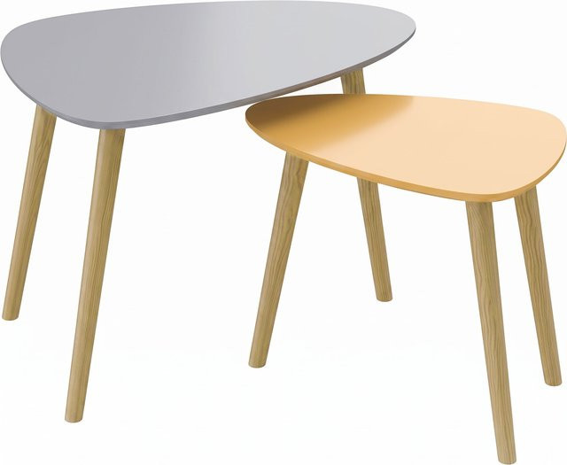 HOMCOM 2er-Set skandinavische Beistelltische mit runden Holzplatten und Kiefernholzbeinen in Grau und Gelb - Bild 1