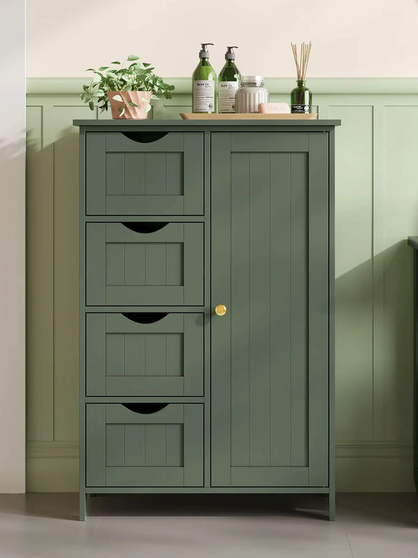 VASAGLE Badezimmerschrank als schmaler Badschrank und Kommode mit 4 Schubladen, Schranktür und verstellbarer Ablage in Blau oder Grün - Bild 6