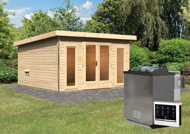 Saunahaus MAINBURG 3 mit Vorraum, naturbelassen, inklusive 9.0 kW BioKombiofen mit Steuergerät und Set A mit 2 Liegen, B/T/H: 369 x 369 x 369 cm, Liegen: 200 x 170 cm - Bild 1