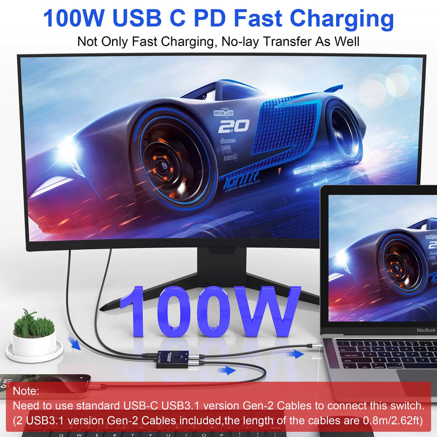 AIMOS Bidirektionaler USB-C-Switch für 2 Computer, 8K@60Hz und 4K@120Hz KVM-Switch-Splitter mit 100 W Ladefunktion und 10 Gbit/s Datenübertragung, Schwarz - Bild 6