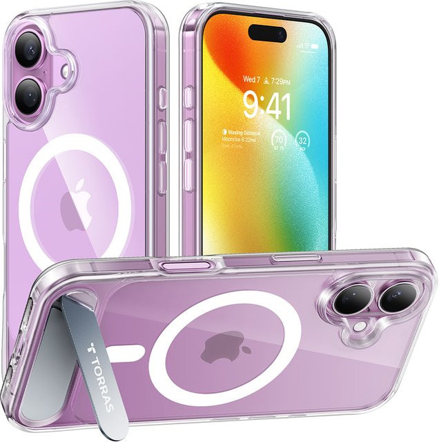 Torras MagSafe Schutzhülle für Apple iPhone 16 mit integriertem Standfuß, Transparent - Bild 1