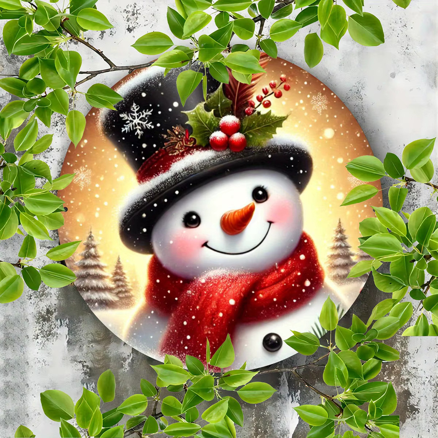 Potdemiel Rustikales Weihnachts-Schneemann-Kranzschild aus Eisen in Rot und Mehrfarbig mit Zylinder und burgunderfarbenem Schal, Durchmesser: 20 cm - Bild 2