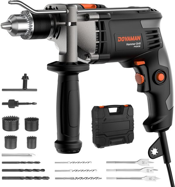 DOVAMAN Schnurgebohrhammer mit 7,5 A und 1/2 Zoll Schlagbohrmaschine, 0–3000 U/min, Metallfutter, 2 Modi für Beton, Holz und Metall, inklusive Bits und Koffer - Bild 1