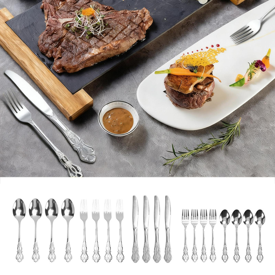 Neoglint Besteckset Vintage aus poliertem Edelstahl in Silber, 20-teilig mit 4 Essgabeln, 4 Esslöffeln, 4 Salatgabeln, 4 Teelöffeln und 4 Tafelmessern, spülmaschinenfest - Bild 2