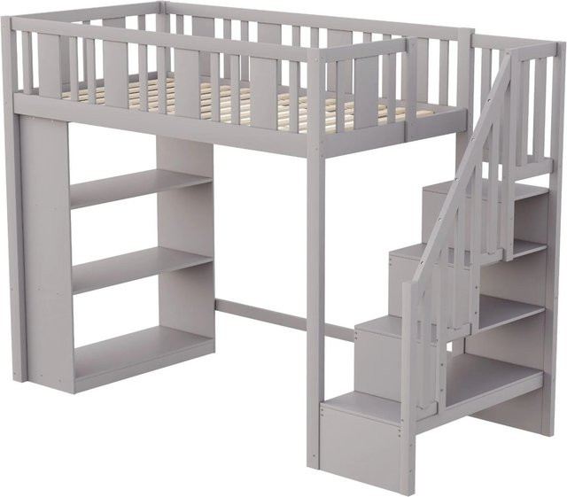 okwish Hochbett für Kinder mit Stauraumtreppe und Seitenfächern, Grau, B/T/H: 200 x 90 x 160,2 cm - Bild 1