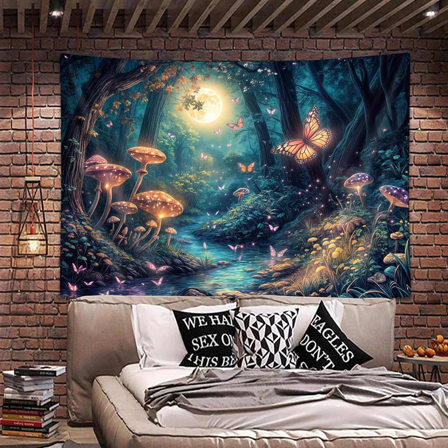 JMG Household Supplies Wandteppich Fantasy Wald mit Pilzen, Schmetterlingen und Mond in Multicolour, B/H: 70 x 100 cm - Bild 1