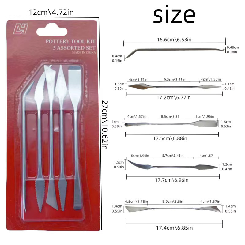 5er Set Metall-Tonmodelliermesser und Keramikwerkzeuge in Silber - Bild 2