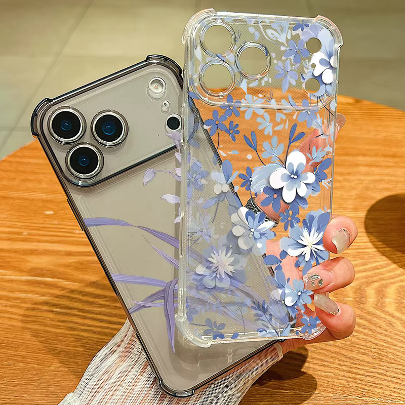 YISHANGOU Silikon-Handyhülle mit blauem Blumenmuster für iPhone, stoßfestes transparentes Softcover - Bild 1