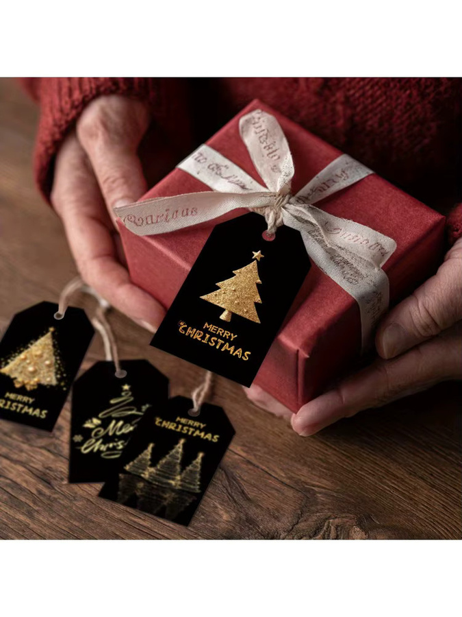 48 Stück Weihnachtsgeschenkanhänger in Schwarz und Gold mit Baumdesign und Hanfseil aus Papier - Bild 7