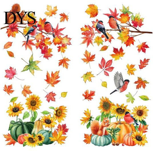 Arpege Herbst-Fensteraufkleber Set mit Sonnenblumen, Ahornblättern, Kürbissen und Vögeln in Beige und Multicolour, wiederverwendbare dekorative Wandbilder - Bild 1