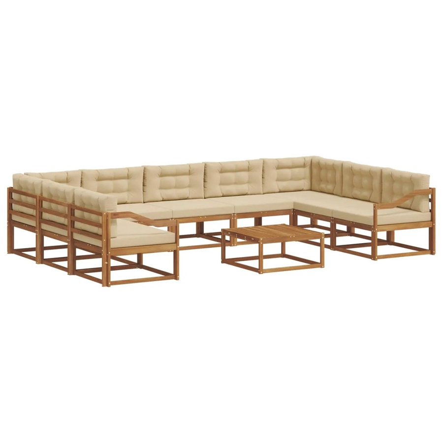 vidaXL Outdoor-Sofagarnitur aus massivem Akazienholz in L-Form, 10-teiliges Set in Natur und Beige mit wetterfesten Kissen - Bild 2
