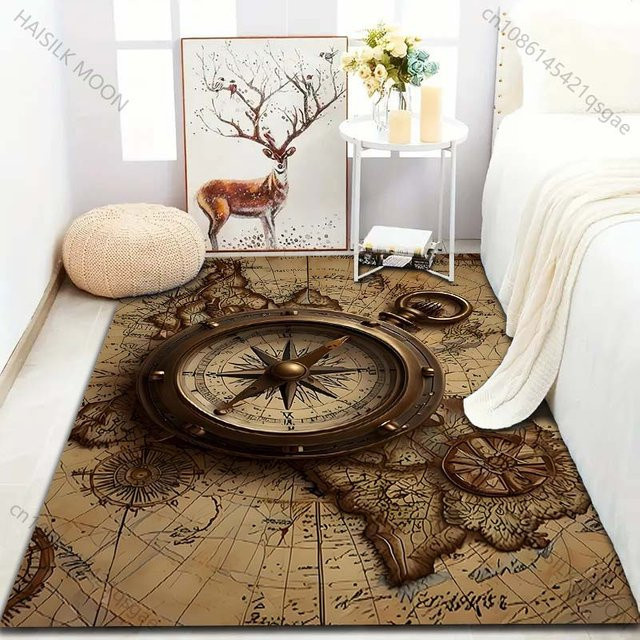 UQIDEHOME Vintage Karte Kompass Teppich in Grau, Maschinenwäsche Bereichsteppich für Wohnzimmer und Schlafzimmer, B/T: 60 x 40 cm - Bild 1