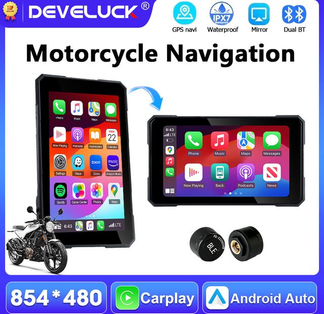 Develuck Tragbarer 5-Zoll Motorrad CarPlay GPS-Navigator mit Android Auto, IPX7 Wasserdichtes Display, Schwarz - Bild 1