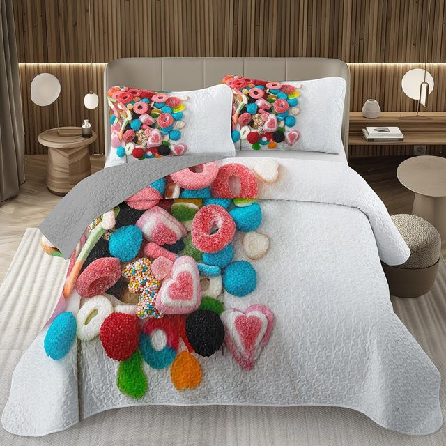 JMG Household Supplies Süßigkeiten-Quilt-Set mit Lutscher-Motiv für Kinder und Teenager, gesteppte Tagesdecke und Kissenbezug in Weiß, B/T: 135 x 200 cm - Bild 1