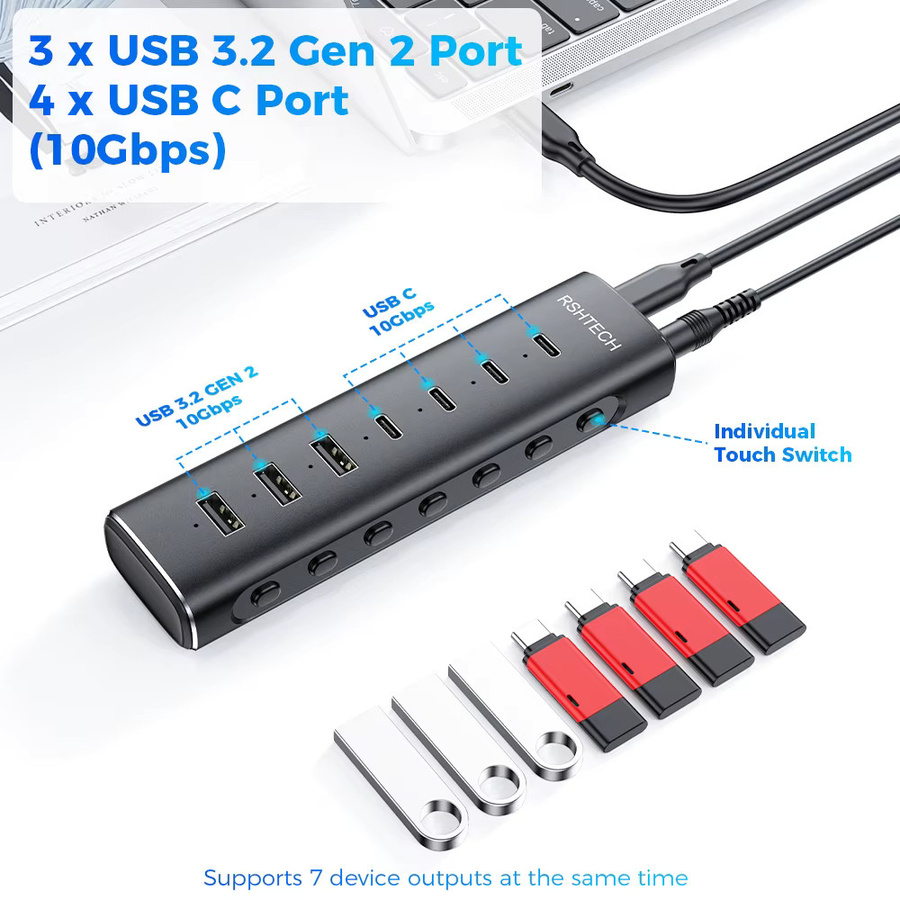 RSHTECH 7-in-1 USB 3.2 Hub Dockingstation mit 10 Gbit/s Datenübertragung und einzelnen Touch-Schaltern, Schwarz - Bild 2