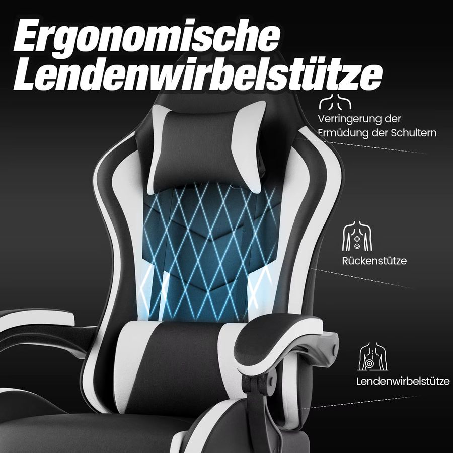 WOTSTA Gaming-Stuhl mit Fußstütze in Schwarz-Grau, ergonomischer Computerstuhl mit Lendenkissen und Kopfstütze, höhenverstellbar - Bild 3