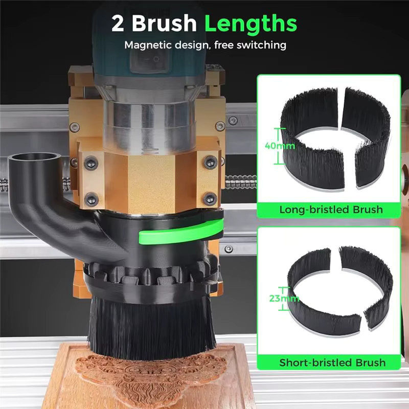 ABFA Doppelbürstenlängen Staubschuh für CNC-Fräsmaschinen mit 65 mm und 69 mm Durchmesser und 38 mm Schlauchdurchmesser in Schwarz - Bild 5