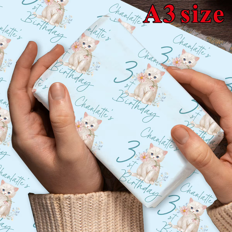 Personalisiertes Geburtstagsdekorpapier mit Kätzchen und Blumen in Blau, 3 Blatt handgefertigtes Geschenkpapier mit Namen und Alter - Bild 3
