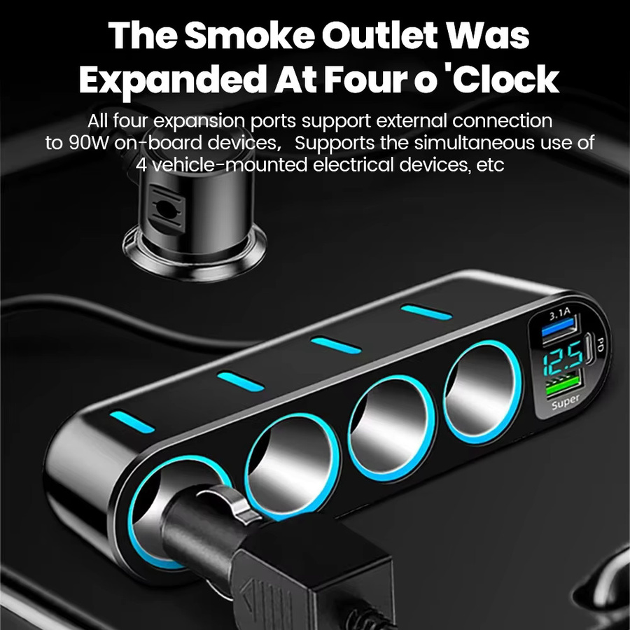 7-in-1 Autoladegerät Adapter von kebidumei in Schwarz mit 4 Buchsen, USB und USB-C, Zigarettenanzünder-Schnelllade-Netzteil mit Digitalanzeige - Bild 4