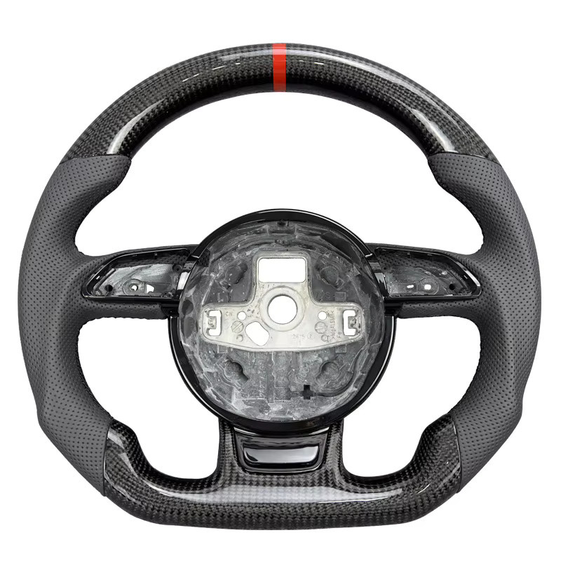 Kundenspezifisches Sportlenkrad für Audi A3 A4 A5 A6 A7 Q3 Q5 Q7 in Rot-Schwarz mit Carbon-Design und perforierter Oberfläche sowie flachem Boden - Bild 3
