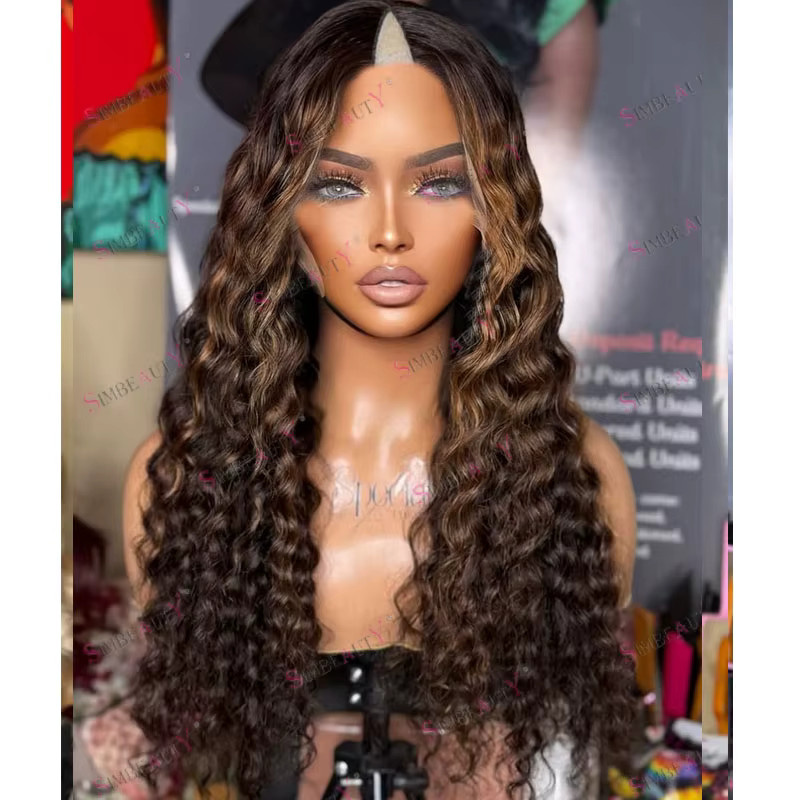 simbeauty Wasserwellen-Remy-Echthaarperücke, goldene Highlights, U-Part - Bild 2