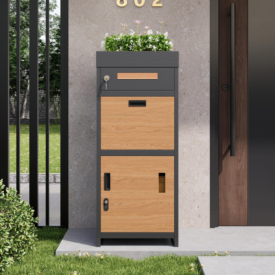 GL Store Paket- und Briefkasten mit integriertem Blumentrog aus verzinktem Stahl, Grau/Naturfarbe, H: 118,5 cm, B: 50 cm, T: 37 cm - Bild 2