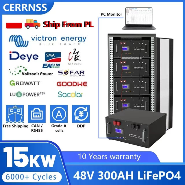 CERRNSS LiFePO4 Lithium Batterie für die Haushalts-Energiespeicherung mit Bluetooth, BMS und aktivem Equalizer, 48V 300Ah 15kWh, Schwarz - Bild 1