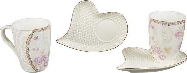 Viva Domo Kaffeetassen mit Untertassen Herz Design aus Porzellan, 2 Stück, Weiß, 250 ml pro Tasse - Bild 1