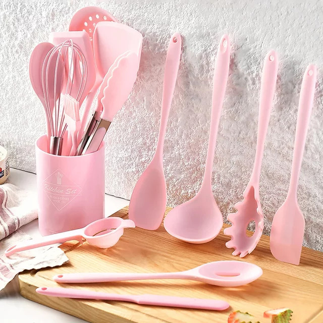 Zoseil 15-teiliges Küchenutensilien-Set aus Silikon in Rosa und Schwarz mit Aufbewahrungseimer und kratzfreier Beschichtung - Bild 1