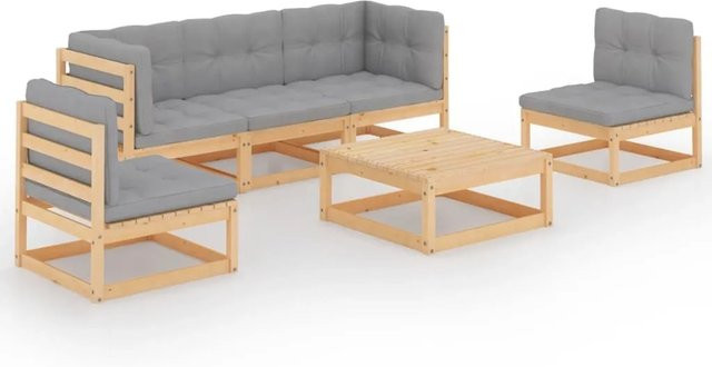 vidaXL 6-tlg Garten-Lounge-Set Modell 5 aus massivem Kiefernholz in Grau mit Polstern und Kissen - Bild 1