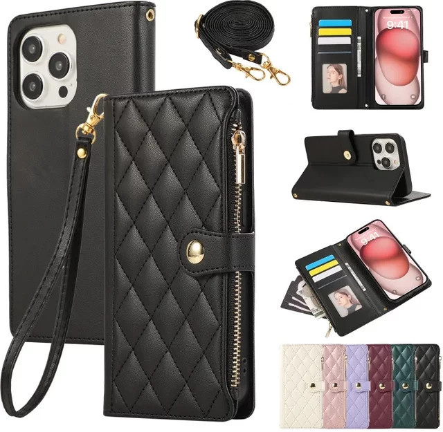 Leder Umhängetasche mit Handschlaufe und Kartenhalter für iPhone Modelle, Brieftasche von szHAIyu in Schwarz oder Rot - Bild 1
