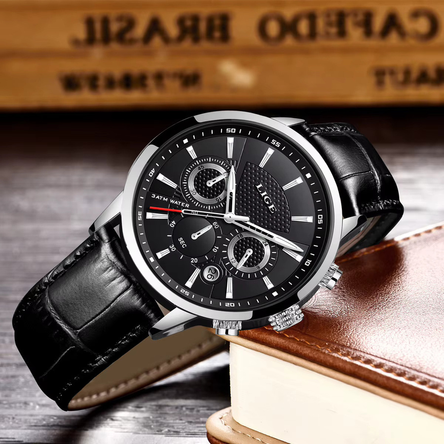LIGE Armbanduhr Herren, Quarz, Leder, Schwarz, 3 ATM - Bild 3