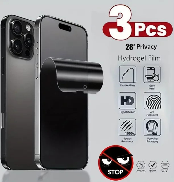 3 Stück DIXSG Anti Spy Hydrogel Displayschutzfolie Full Cover für iPhone 16 15 14 13 12 11 Pro Max Plus X XR transparent - Bild 1