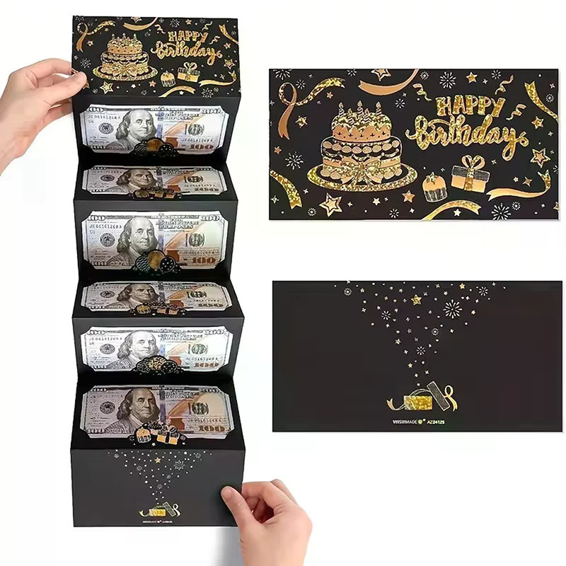 Schwarzer Geburtstags-Geschenkumschlag mit Goldrand und 6 Geldfächern aus Papier mit selbstklebendem Verschluss - Bild 3