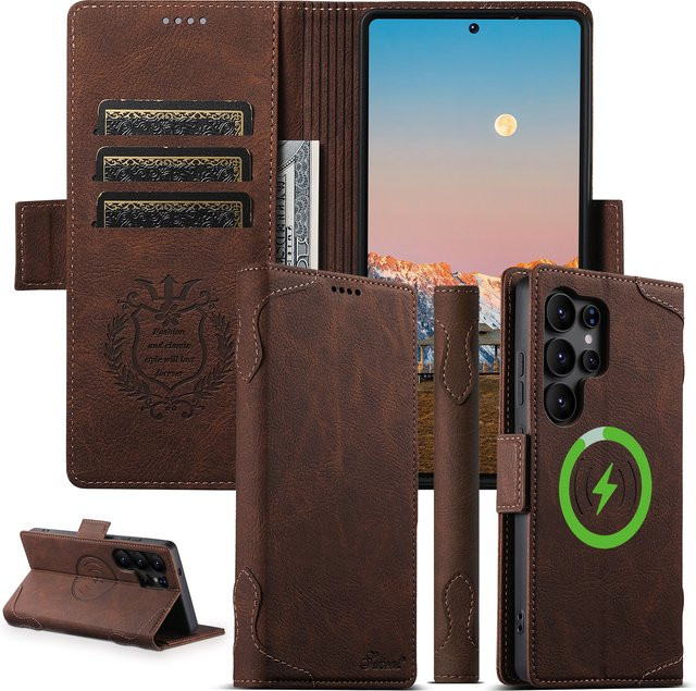 Samsung Handyhülle aus Kunstleder mit Kartenhalter und Magnetknopf für Galaxy S26 Ultra und S25, kabelloses Aufladen, Schwarz oder Braun - Bild 1