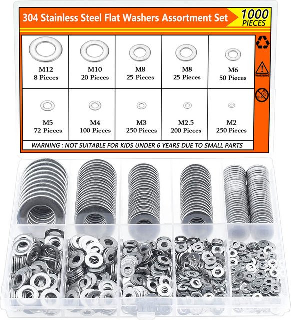 BOVILEVR Unterlegscheiben Set aus Edelstahl 304, 1000 Stück sortiertes Kit für Schrauben und Bolzen, M2 bis M12 - Bild 1
