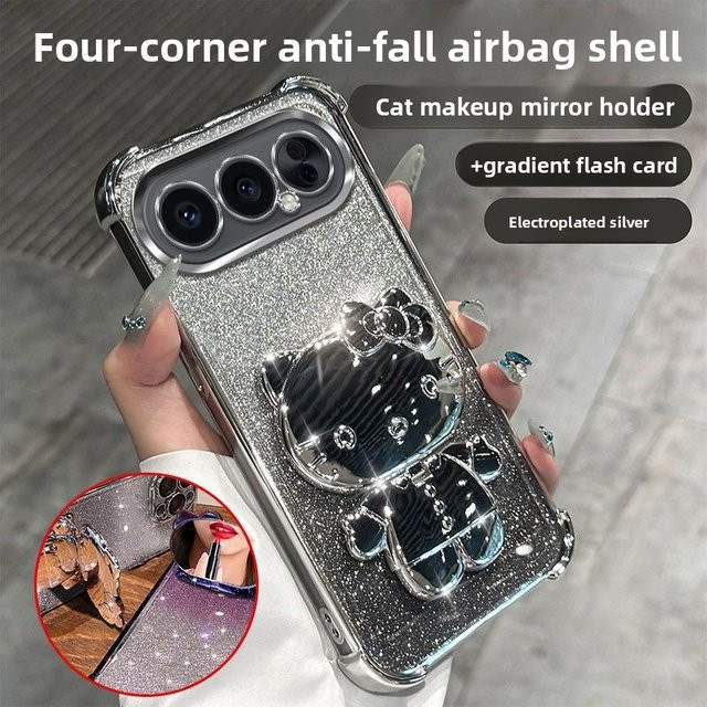 Hello Kitty Glitzer-Spiegel Handyhülle mit Standhalter für Google Pixel 10/9/8/7 Pro XL und A-Serie, Blau, TPU-Cover mit Vier-Ecken-Schutz - Bild 1
