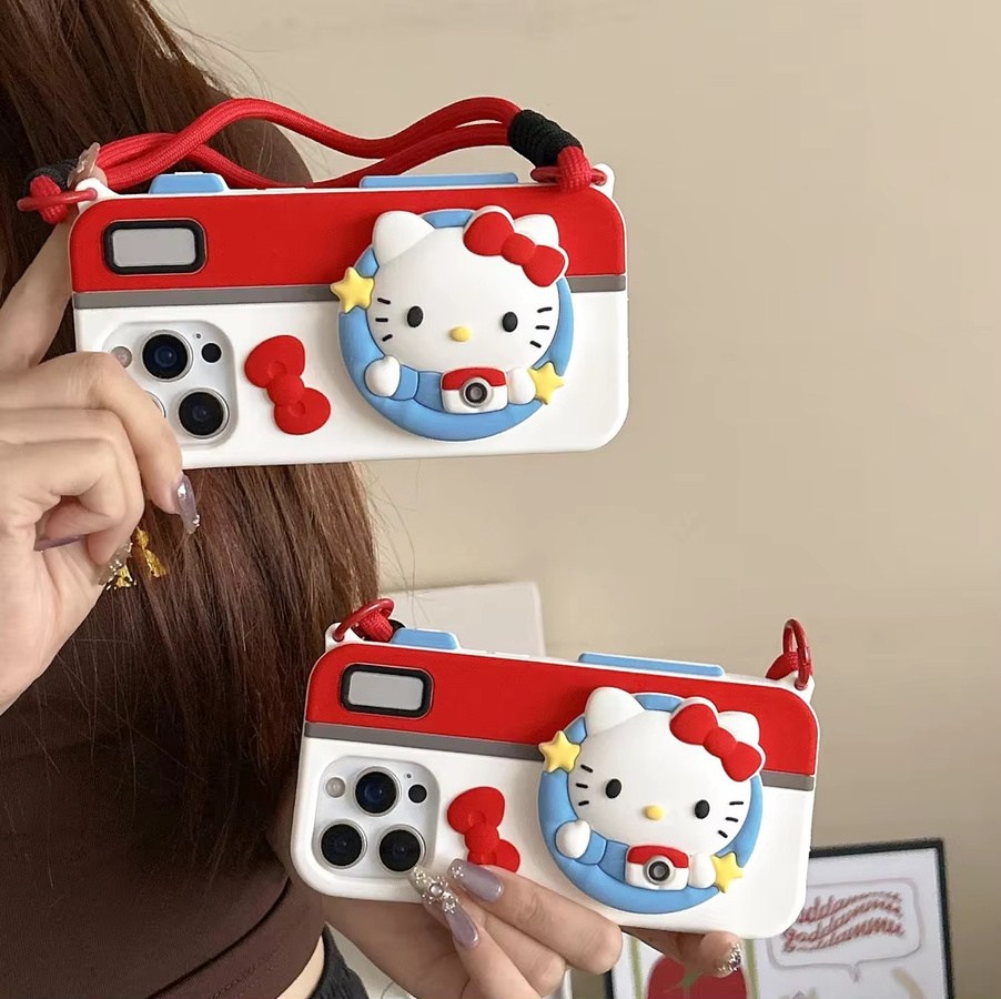 Sanrio Hello Kitty Handyhülle mit Kamera-Lanyard aus weichem Silikon für iPhone 16, 15, 14, 13 Pro Max, 3D-Design, Mehrfarbig - Bild 4