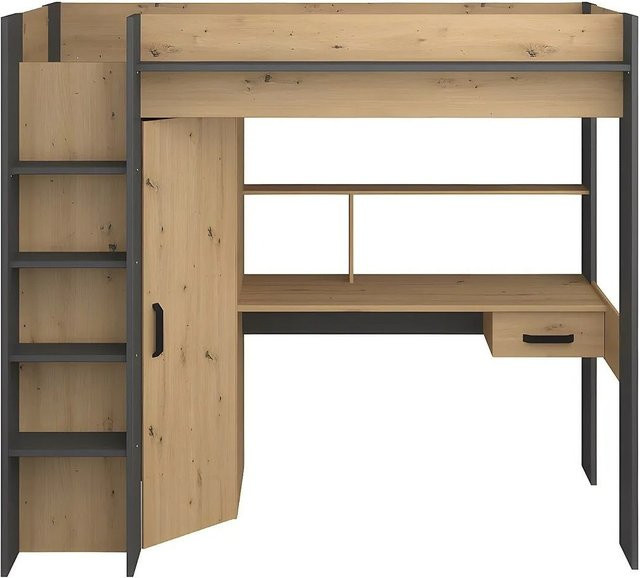 Vente-unique Hochbett Auckland aus Massivholz Eiche in Anthrazitgrau und Naturfarben mit Schreibtisch und Kleiderschrank, B/T/H: 90 x 200 x 204,4 cm - Bild 1