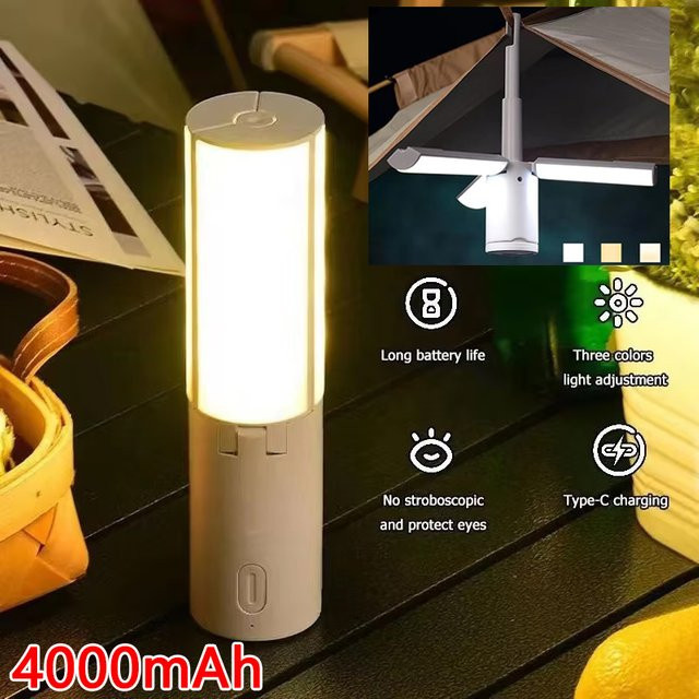 Klappbare Outdoor-Campinglampe mit 4000mAh Akku, wiederaufladbare LED Hängelaterne in Weiß mit COB-Beleuchtung und Touch-Bedienung - Bild 1
