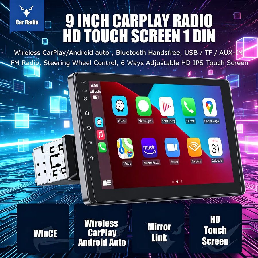 MOPECT 9 Zoll Single Din Kabelloses CarPlay Auto-Stereo MP5 Multimedia-Player mit Touchscreen, FM-Radio, Mikrofon und Kamera in Schwarz - Bild 2