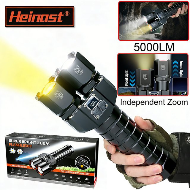 Heinast LED-Taschenlampe mit Doppellichtquelle, USB-aufladbar, Zoom-Funktion, Schwarz - Bild 1
