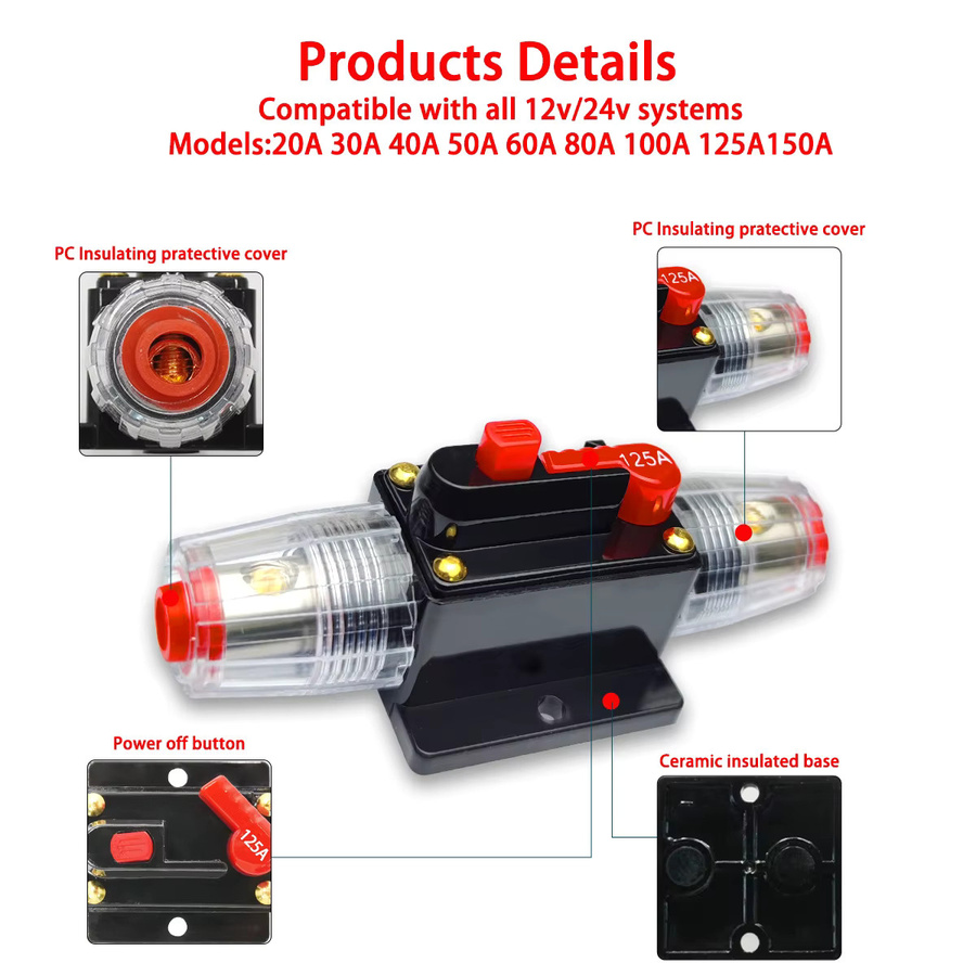Manueller Reset Sicherungshalter Wasserdichter Leistungsschalter für 12V-48V DC Car Audio und Marine in Schwarz - Bild 2