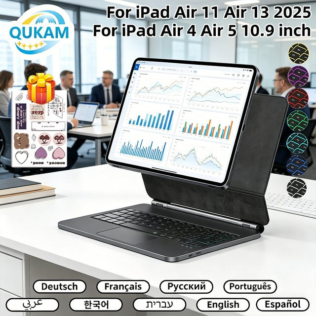 qukam Premium Tastaturhülle für iPad mit kabellosem Trackpad und Hintergrundbeleuchtung, Magnetische Abdeckung für iPad Air und Pro, erhältlich in Schwarz oder Weiß - Bild 1