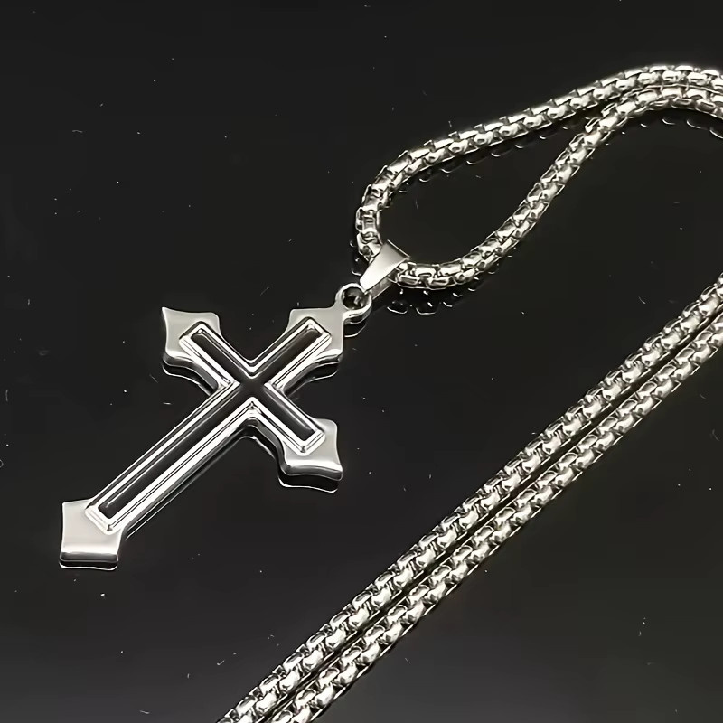 Halskette mit Kreuz Anhänger, Edelstahl, Silber, Unisex - Bild 3