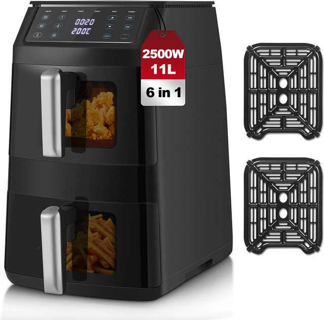 TopStrong Heißluftfritteuse mit Dual-Korb und 11 l Volumen, 2500W, 6-in-1-Funktionen, Schwarz - Bild 1